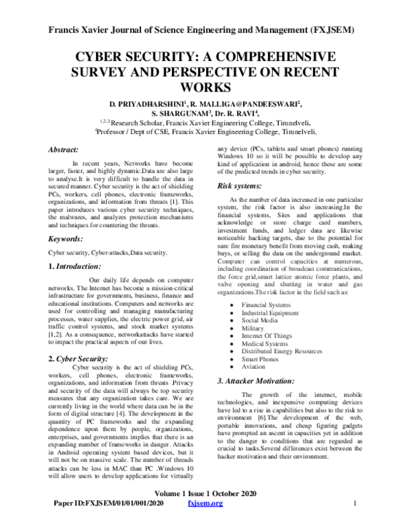 (PDF) CYBER SECURITY: A COMPREHENSIVE SURVEY AND PERSPECTIVE ON RECENT ...