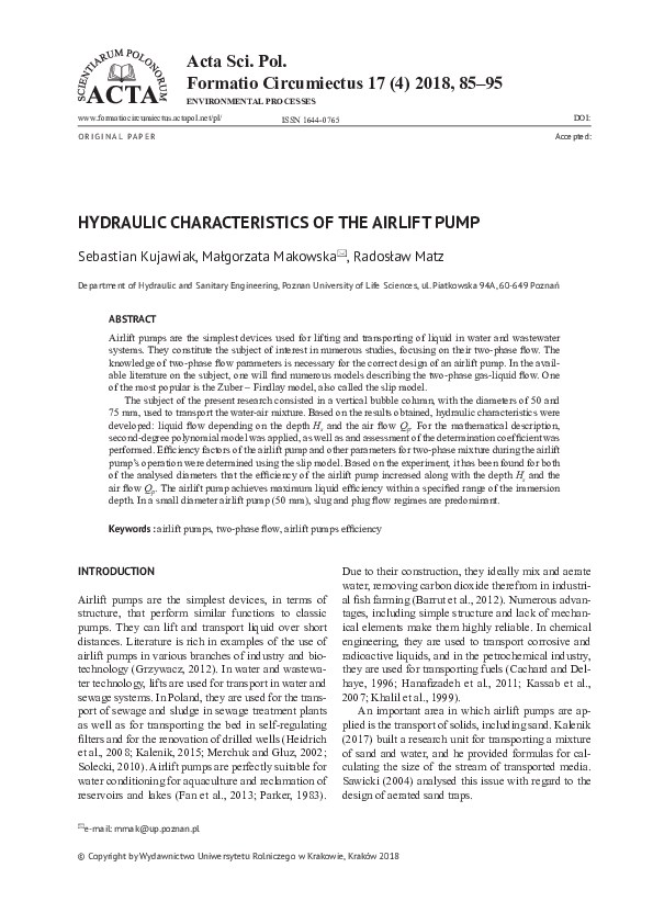 (PDF) Hydraulic Characteristics of the Airlift Pump