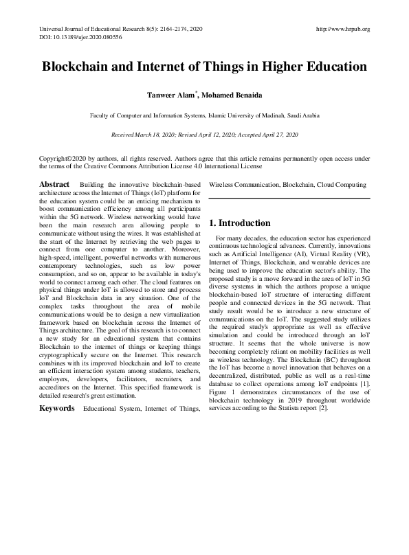 (PDF) Blockchain and Internet of Things in Higher Education