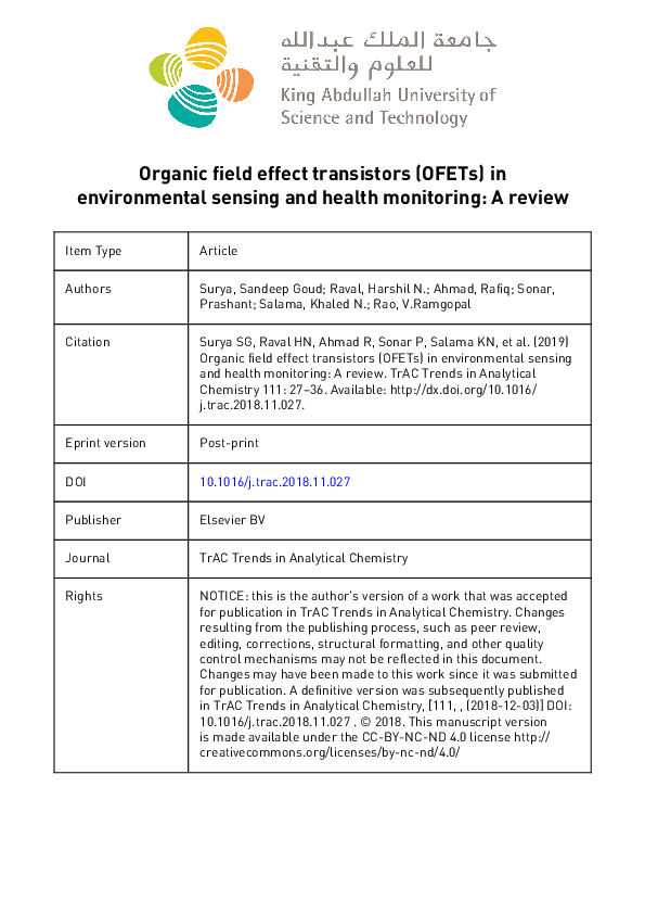 (PDF) Organic field effect transistors (OFETs) in environmental sensing ...