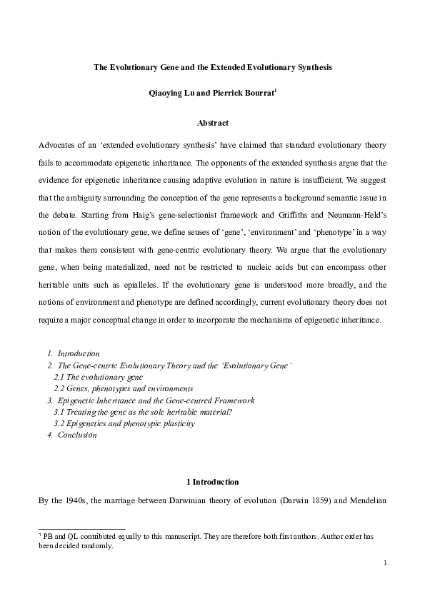 (DOC) The Evolutionary Gene and the Extended Evolutionary Synthesis