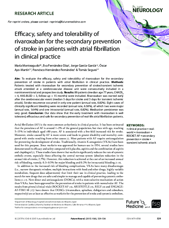 (PDF) Efficacy, safety and tolerability of rivaroxaban for the ...