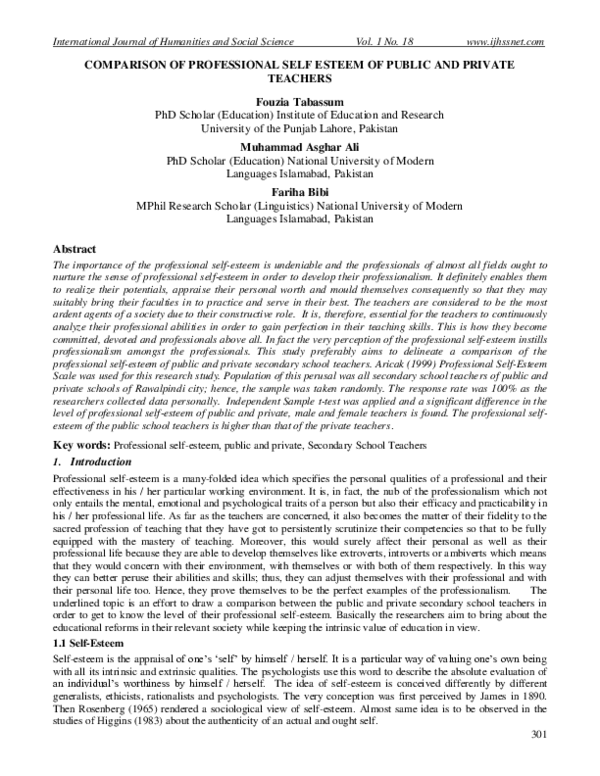 (PDF) Comparison of Professional Self Esteem of Public and Private Teachers