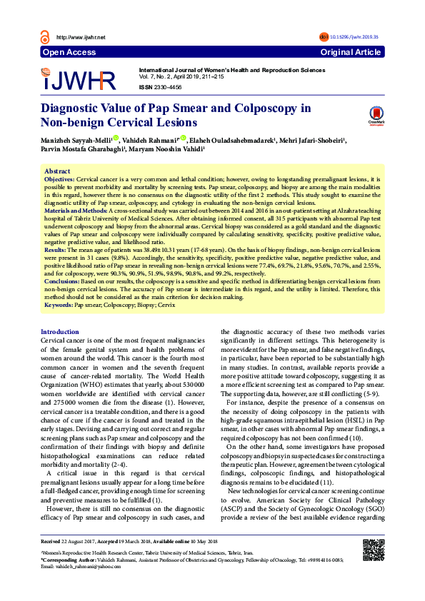 (PDF) Diagnostic Value of Pap Smear and Colposcopy in Non-benign ...