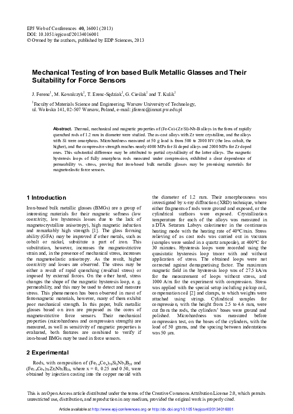 (PDF) Mechanical Testing of Iron based Bulk Metallic Glasses and Their ...