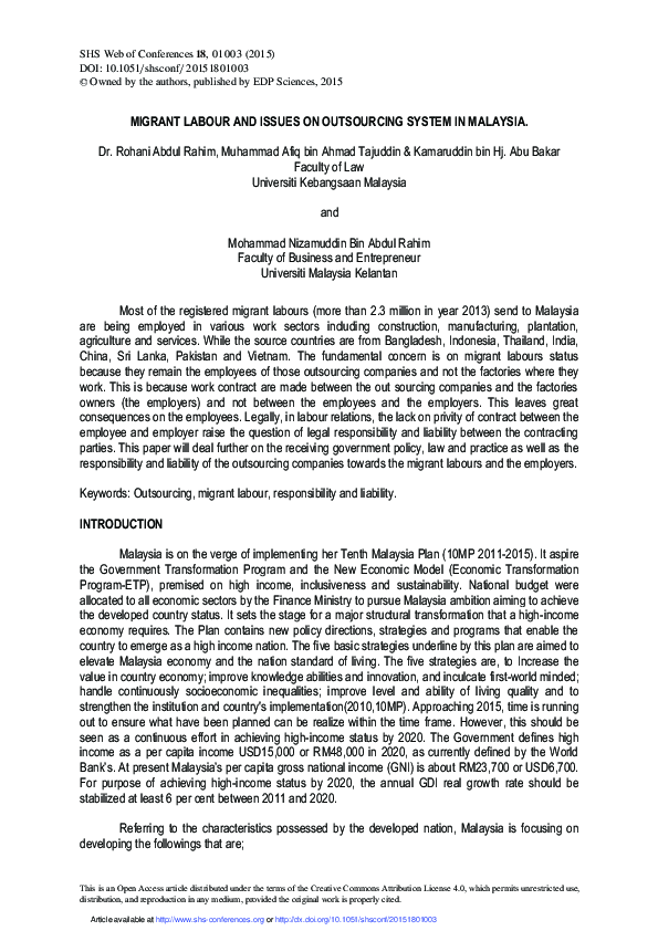 (PDF) Migrant Labour and Issues on Outsourcing System in Malaysia