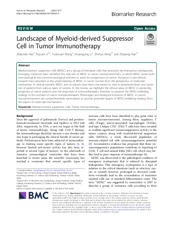 (PDF) Landscape of Myeloid-derived Suppressor Cell in Tumor Immunotherapy