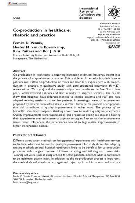 (PDF) Co-production in healthcare: rhetoric and practice
