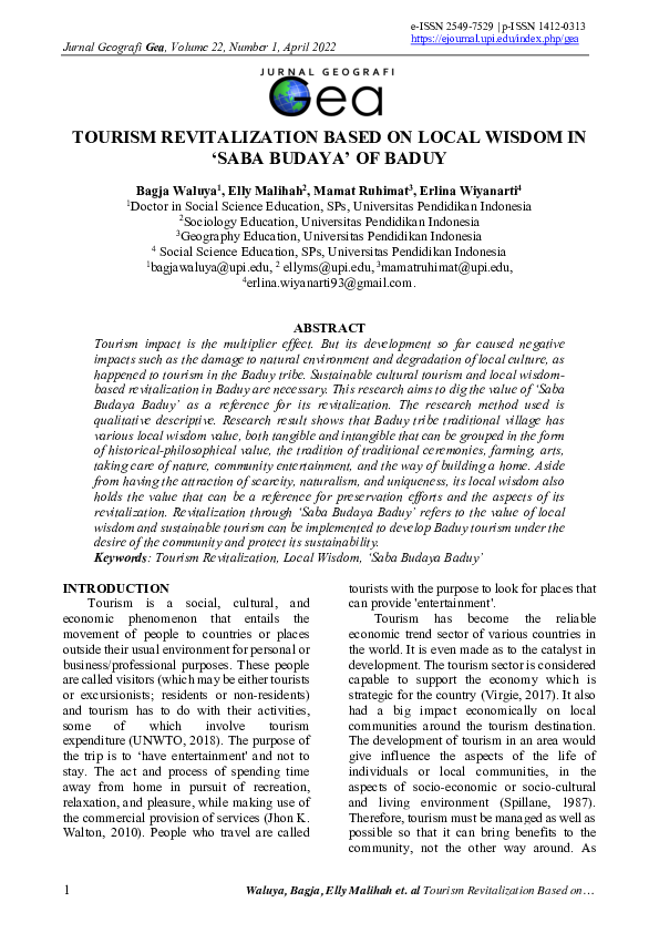 (PDF) Tourism Revitalization Based on Local Wisdom in ‘Saba Budaya’ of ...