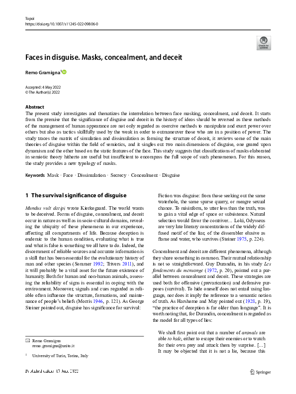 (PDF) (2022) Faces in disguise. Masks, concealment, and deceit