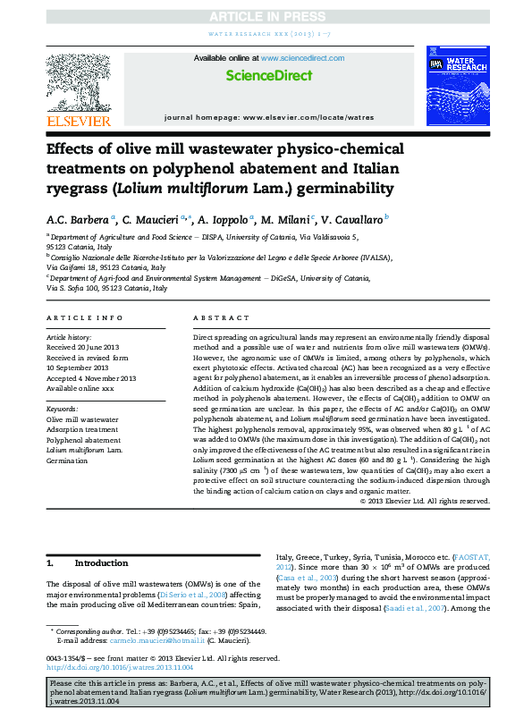 (PDF) Effects of olive mill wastewater physico-chemical treatments on ...