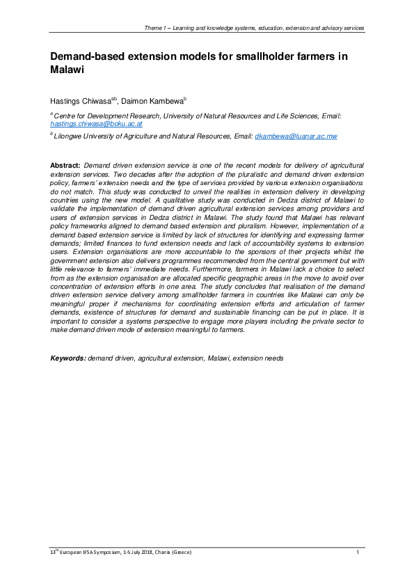 (PDF) Demand-based extension models for smallholder farmers in Malawi