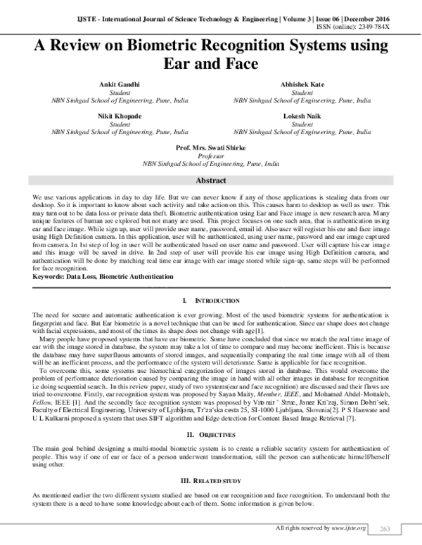 (PDF) A Review on Biometric Recognition Systems using Ear and Face
