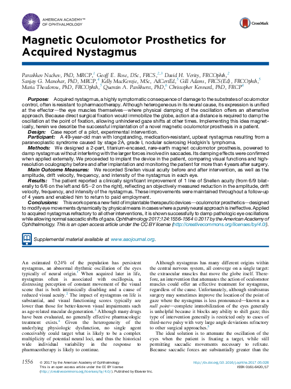(PDF) Magnetic Oculomotor Prosthetics for Acquired Nystagmus