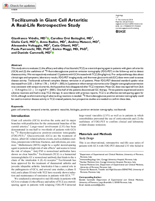 (PDF) Tocilizumab in Giant Cell Arteritis: A Real-Life Retrospective Study