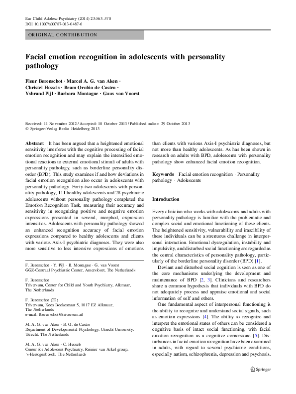 (PDF) Facial emotion recognition in adolescents with personality pathology