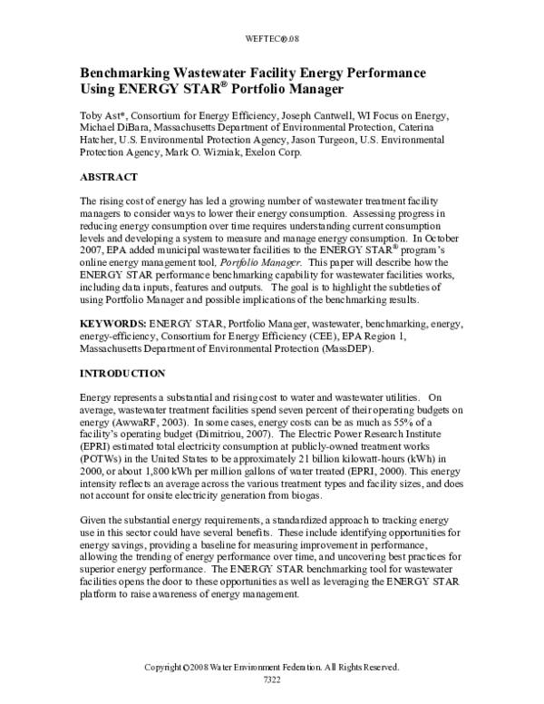 (PDF) Benchmarking Wastewater Facility Energy Performance Using ENERGY