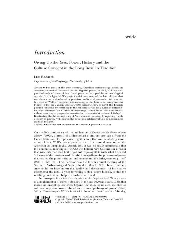 (PDF) Giving Up the Geist: Power, History and the Culture Concept in ...