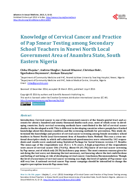 (PDF) Knowledge of Cervical Cancer and Practice of Pap Smear Testing ...