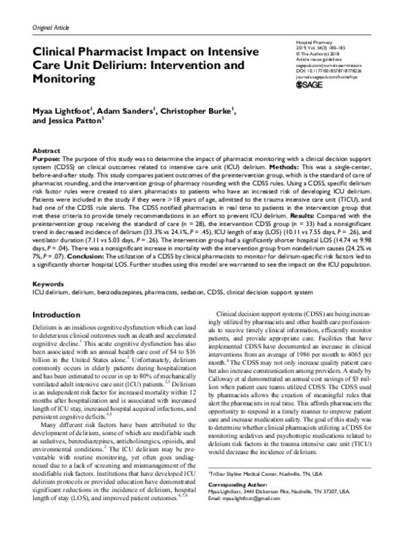 (PDF) Clinical Pharmacist Impact on Intensive Care Unit Delirium ...
