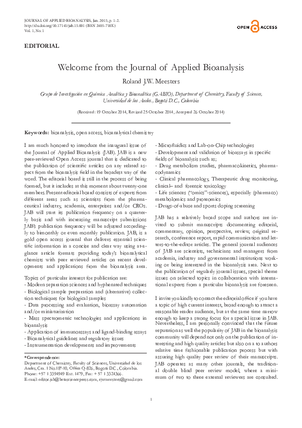 (PDF) Welcome from the Journal of Applied Bioanalysis