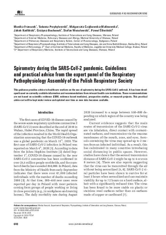 (PDF) Spirometry during the SARS-CoV-2 Pandemic. Guideliness and ...