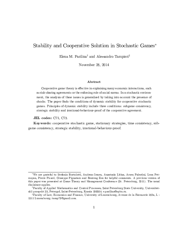 (PDF) Stability and cooperative solution in stochastic games