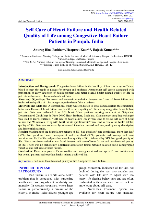 (PDF) Self Care of Heart Failure and Health Related Quality of Life ...
