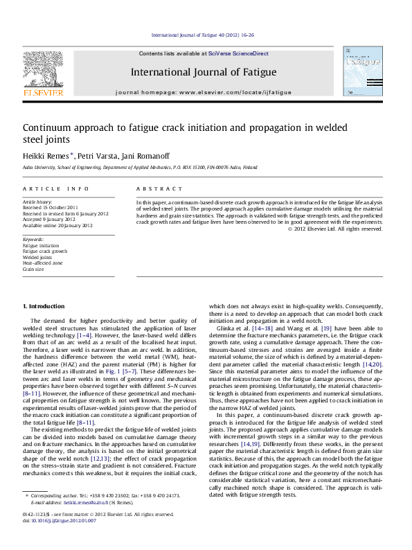 (PDF) Continuum approach to fatigue crack initiation and propagation in ...