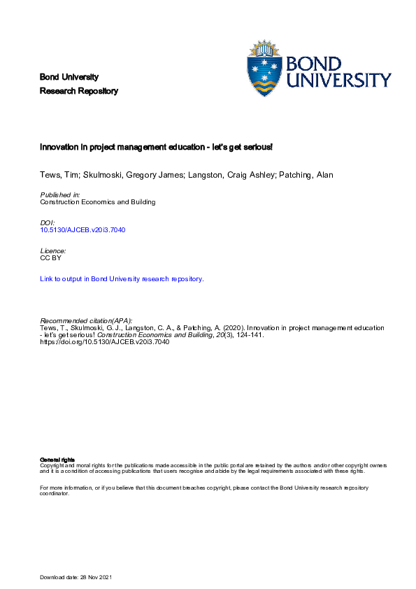 (PDF) Innovation in project management education - let’s get serious!