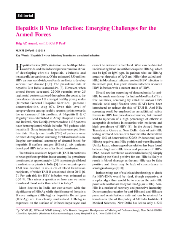 (PDF) Hepatitis B virus infection: Emerging challenges for the armed forces