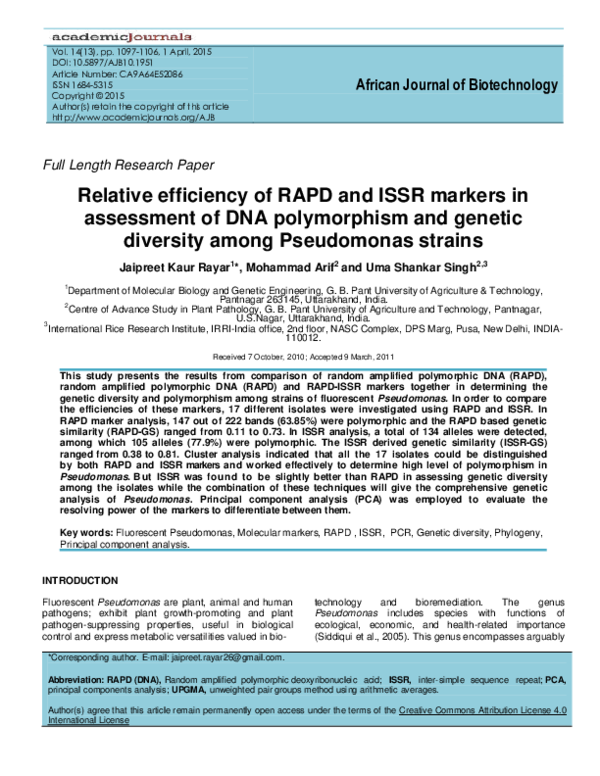 (PDF) Relative efficiency of RAPD and ISSR markers in assessment of DNA ...