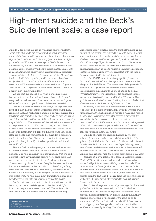 (PDF) Scientific Letter: High-intent suicide and the Beck’s Suicide ...
