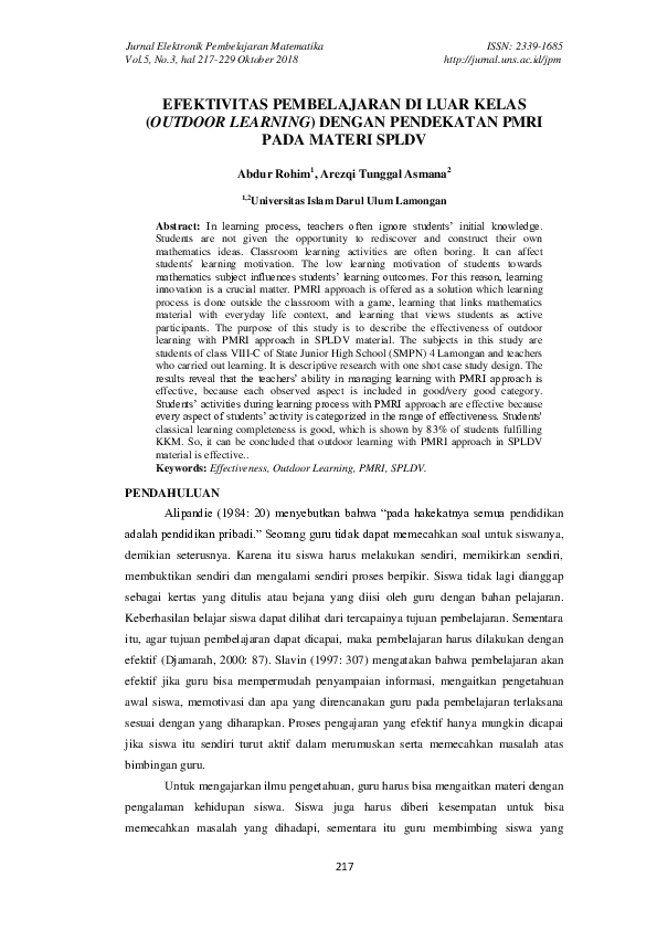 Efektivitas Pembelajaran DI Luar Kelas (Outdoor Learning) Dengan Pendekatan Pmri Pada Materi SPLDV