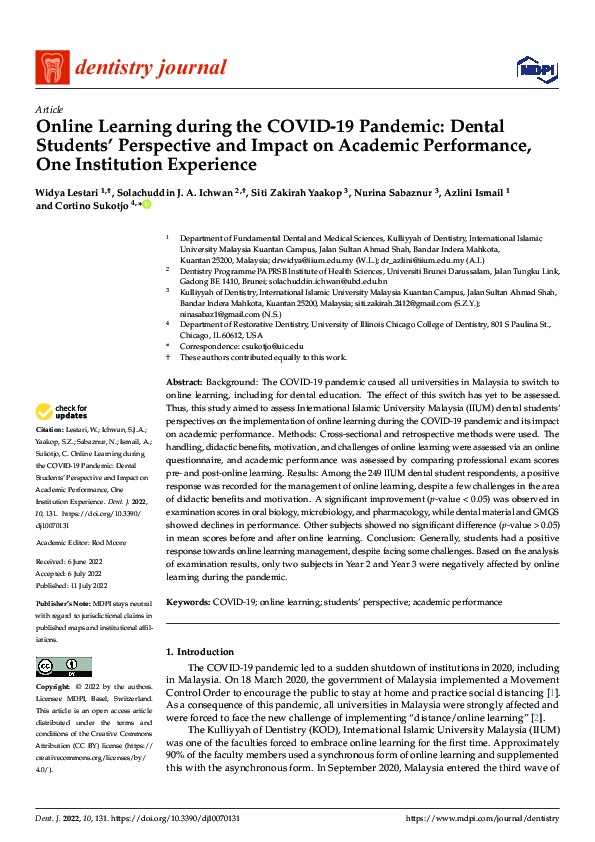 (PDF) Online Learning during the COVID-19 Pandemic: Dental Students ...