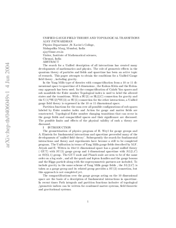 (PDF) Unified Gauge Field Theory and Topological Transitions