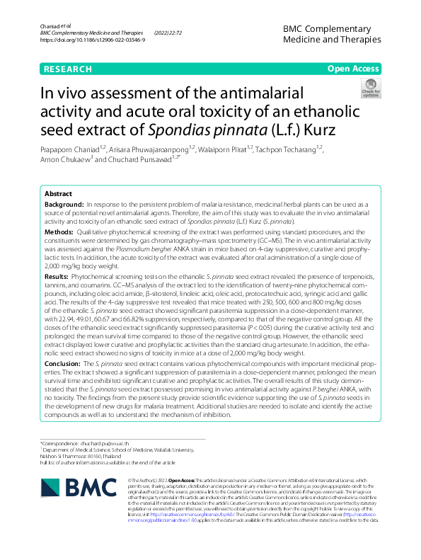 (PDF) In vivo assessment of the antimalarial activity and acute oral ...