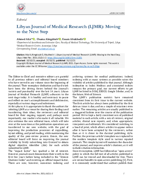 (PDF) Libyan Journal of Medical Research (LJMR): Moving to the Next Step