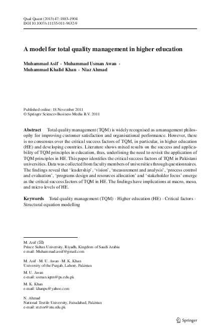 (PDF) A model for total quality management in higher education