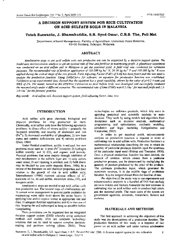 (PDF) A Decision Support System for Rice Cultivation on Acid Sulfate ...