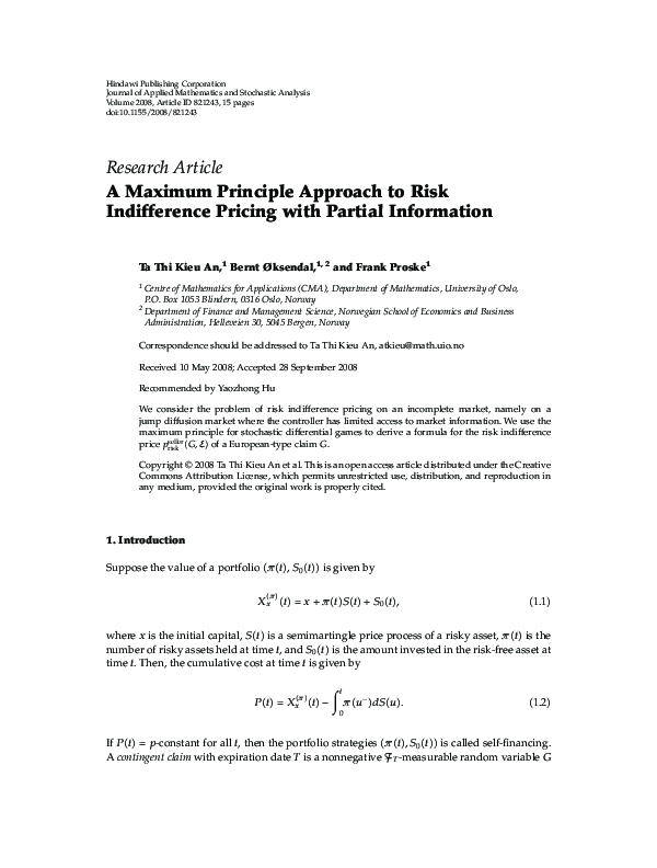 (PDF) A Maximum Principle Approach to Risk Indifference Pricing with ...