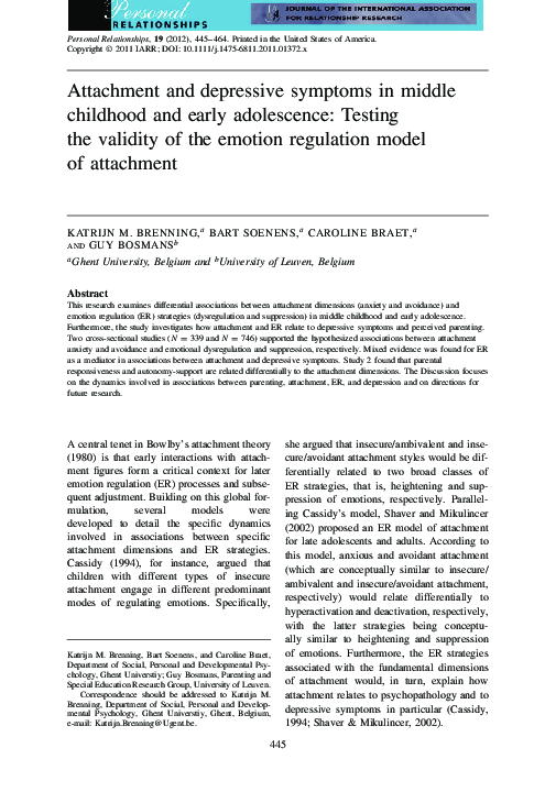 (PDF) Attachment and depressive symptoms in middle childhood and early ...