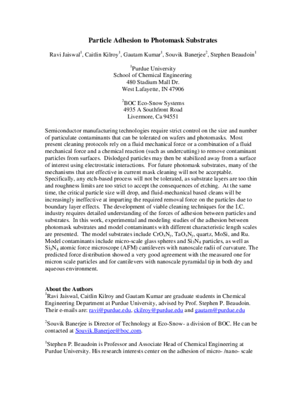 (PDF) Particle Adhesion to Photomask Substrates