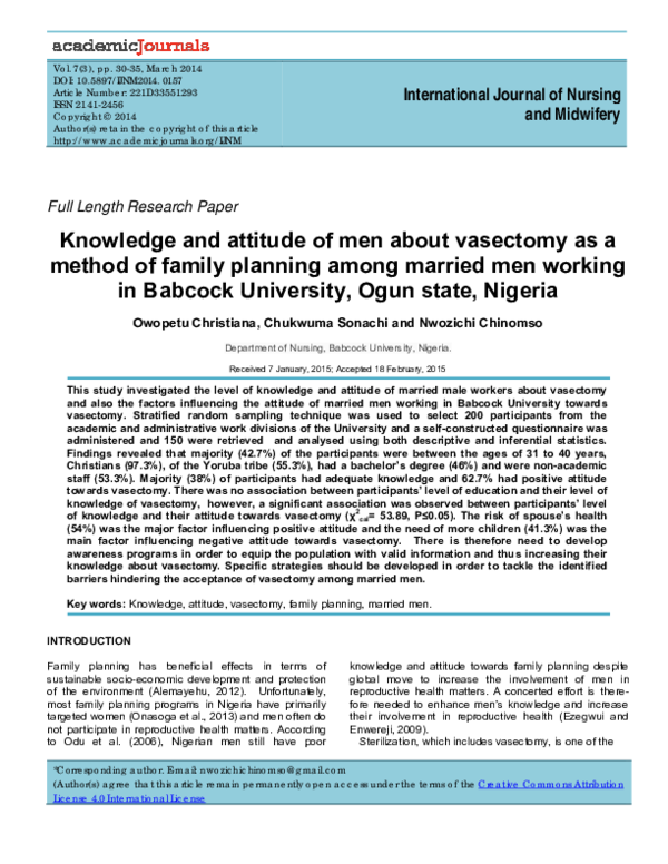(PDF) Knowledge and attitude of men about vasectomy as a method of ...