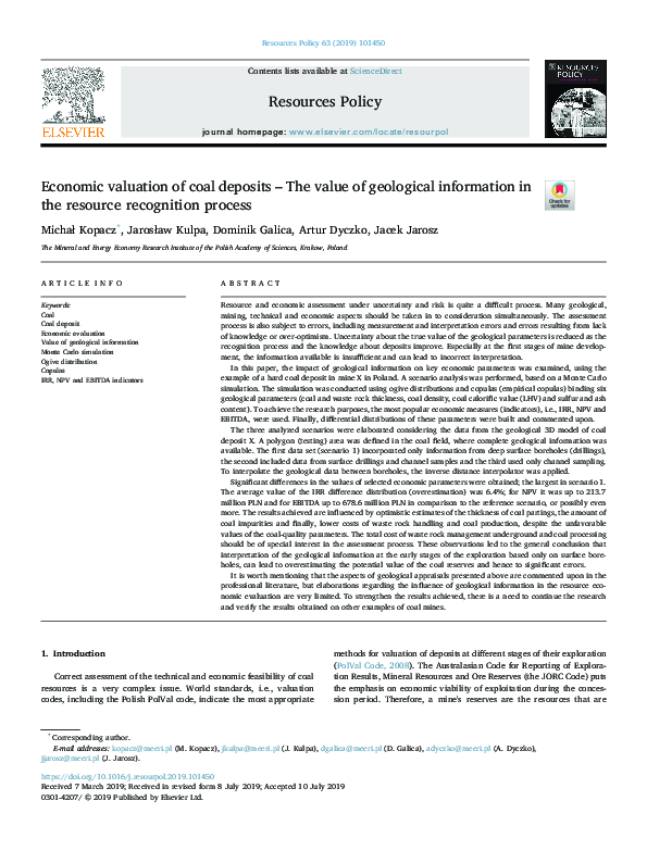 (PDF) Economic valuation of coal deposits – The value of geological ...