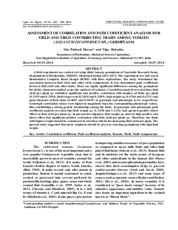 (PDF) Assessment of correlation and path coefficient analysis for yield ...
