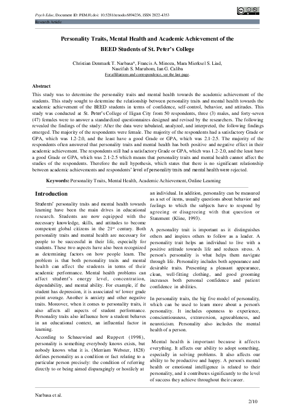 (PDF) Personality Traits, Mental Health and Academic Achievement of the ...