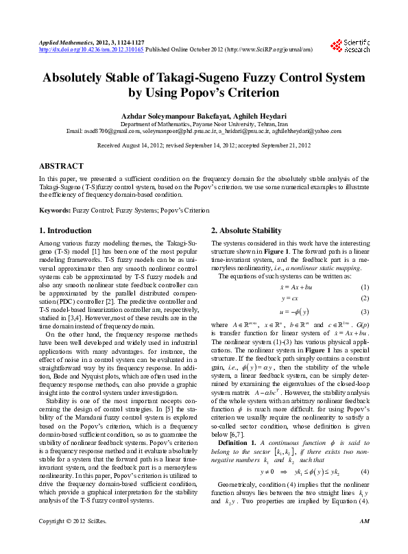 (PDF) Absolutely Stable of Takagi-Sugeno Fuzzy Control System by Using ...