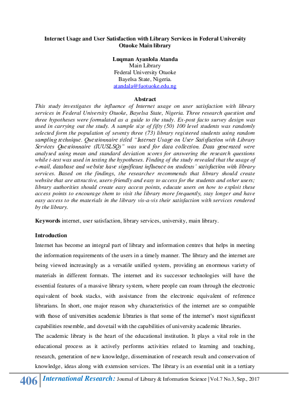 (PDF) Internet Usage and User Satisfaction with Library Services in ...