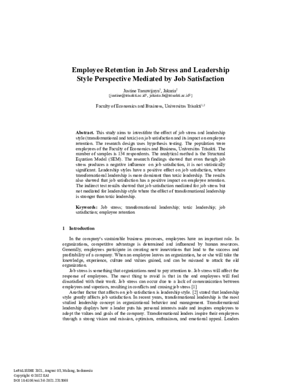 (PDF) Employee Retention in Job Stress and Leadership Style Perspective ...